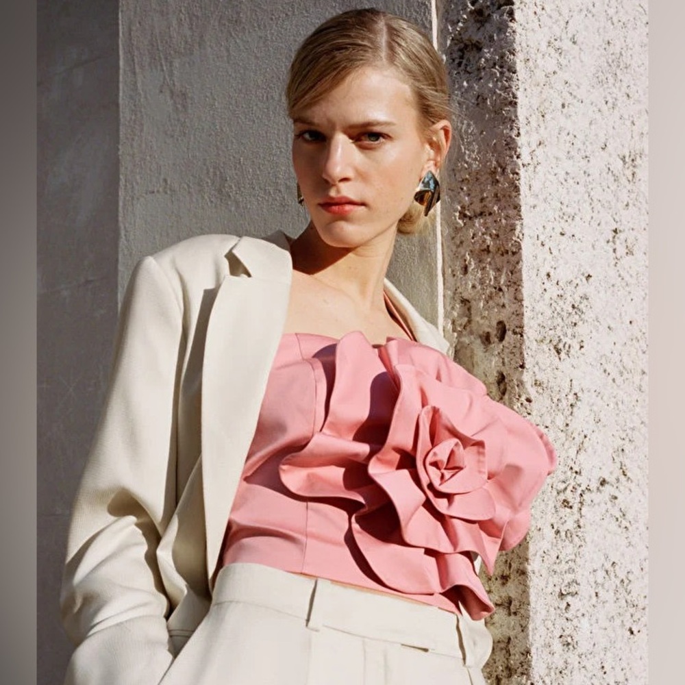 & Other Stories Pink Floral Ruffle Strapless Top